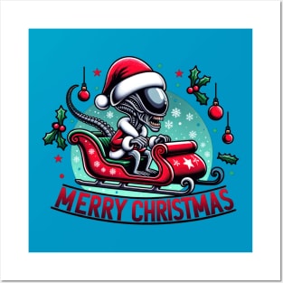 Christmas Alien Riding a Sleigh Posters and Art